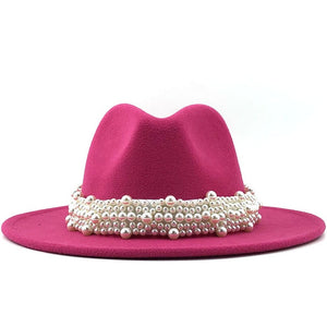 Wool Fedora Hats w/ Pearl Ribbon Trim Womens Accessories