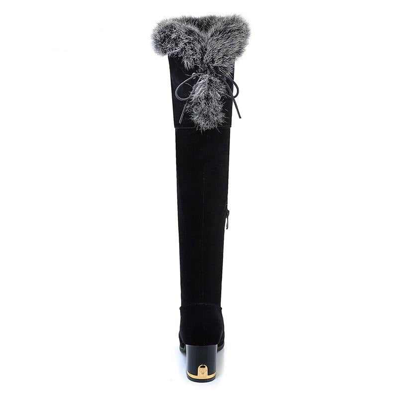 Black Suede Over the Knee Flock Winter Boots w/ Faux Fur Womens Shoes