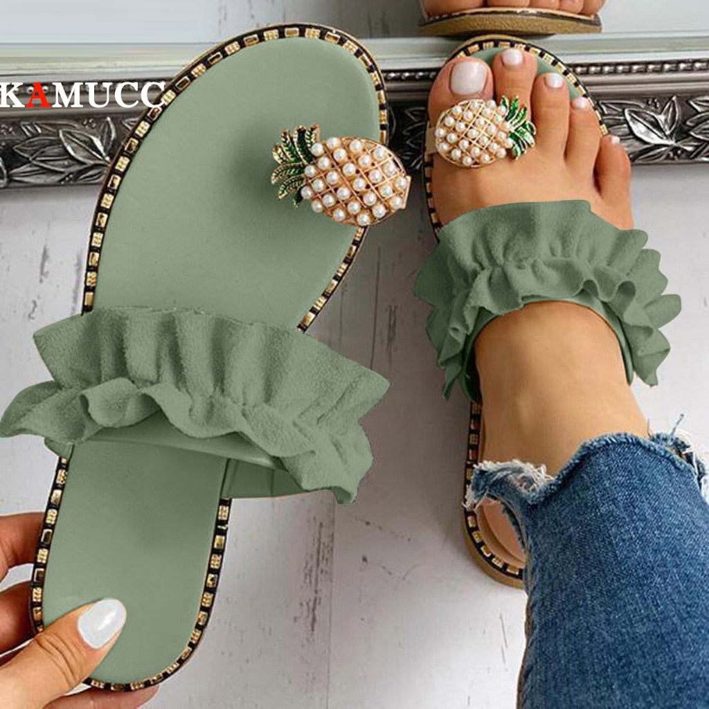 Pineapple & Ruffles Flat Sandals Womens Shoes