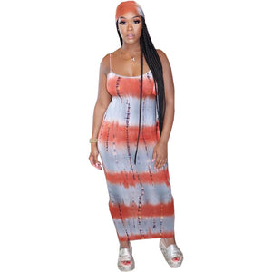 Plus Size Women Tie Dye or Striped Summer Camisol Dresses w/ Scarf  Spaghetti Strap Sleeveless Long Length Blue Purple Red Pink or Orange
