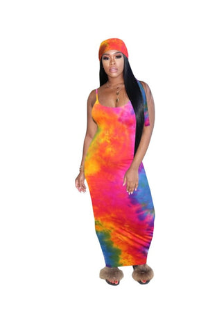 3XL Tie Dye or Striped Camisol Summer Dresses w/ Scarf Spaghetti Strap Sleeveless Long Length Plus Size Women