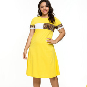 Plus Size Women Yellow & Bold Stripe Leopard Print Summer Dress O Neck Short Sleeve Knee Length 
