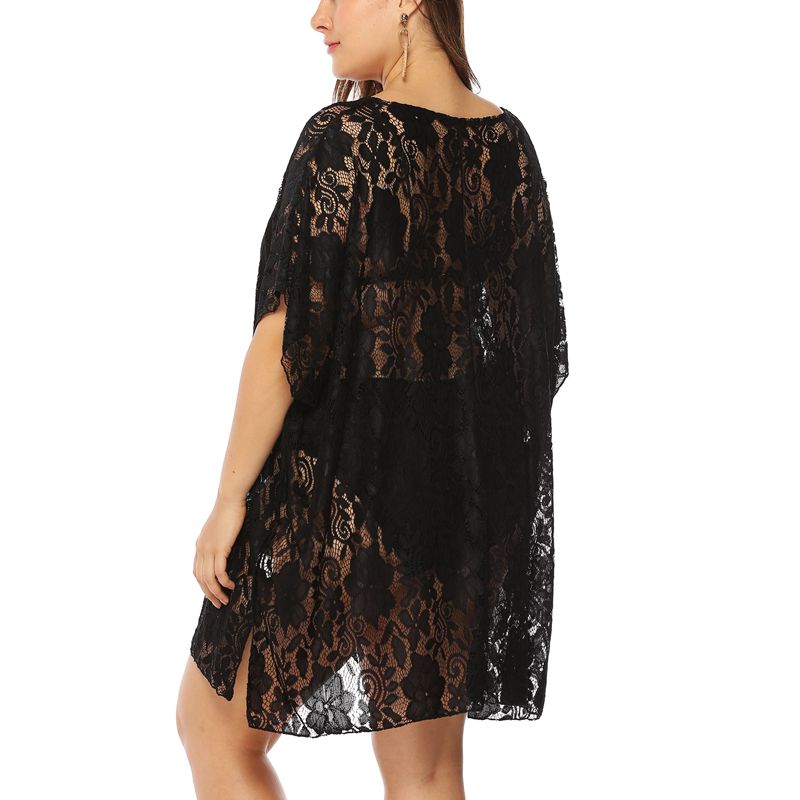 9XL Black Floral Lace Cover-Up Beach Dress V Neck Short Sleeve  Plus Size Women