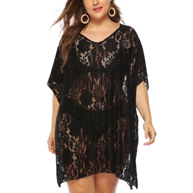 Plus Size Women Black Floral Lace Cover-Up Beach Dress V Neck Short Sleeve