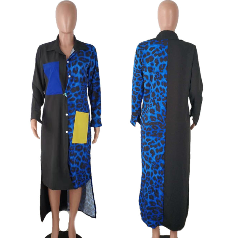 2XL Patchwork Leopard Print Asymmetric Print Shirt Dress Plus Size Women