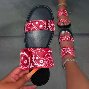 Womens Shoes Handkerchief Bandana Print Double Strap or Bow Tie Slip-On Sadals Red White Green or Orange
