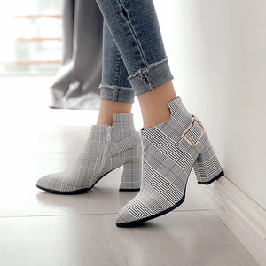 Womens Shoes Gray Plaid Asymmetric Ankle Boots Red or Yellow Striped