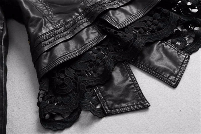 4XL Patchwork Black Faux Leather & Lace Jacket Plus Size Women