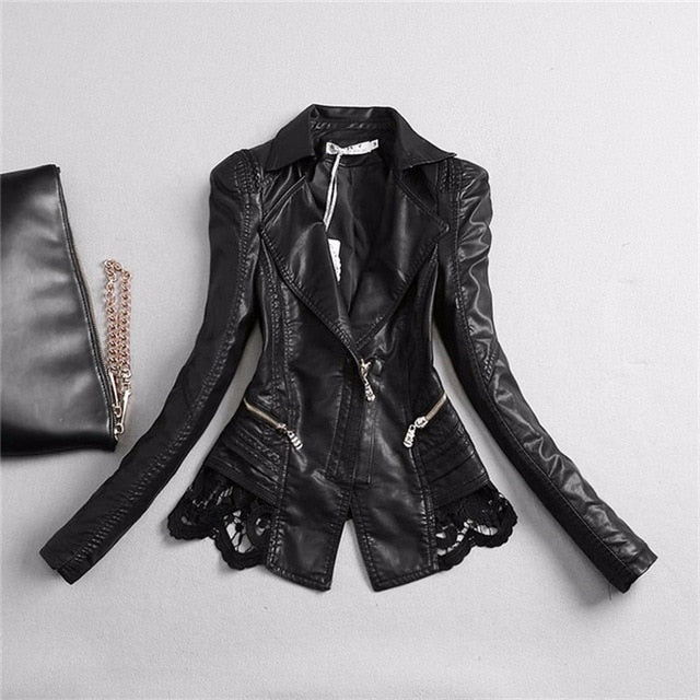 Womens Plus Size Patchwork Black Faux Leather & Lace Jacket
