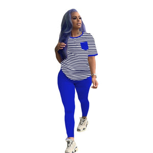 3XL 2 Piece Set Striped O Neck Short Sleeve T Shirt w/ Leggings Plus Size Women
