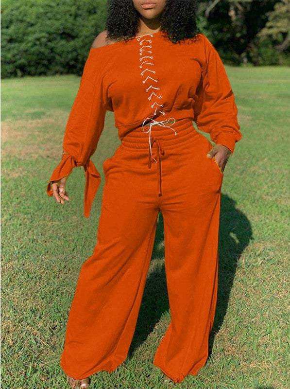 Womens Plus Size 2 Piece Solid Print Off Shoulder Crop Top w/ Wide Leg Pants Orange Black Gray or Green
