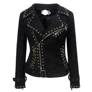 Sued Pu /Leather Motorcycle Jacket w/ Stud Rivets V Neckk Turn Down Collar Black Gray Green Pink