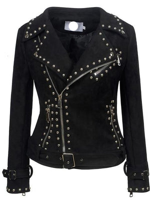 3XL Faux Leather Motorcycle Jacket w/ Stud Rivets V Neck Turn Down Collar Plus Size Women