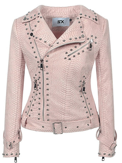 3XL Faux Leather Motorcycle Jacket w/ Stud Rivets V Neck Turn Down Collar Plus Size Women