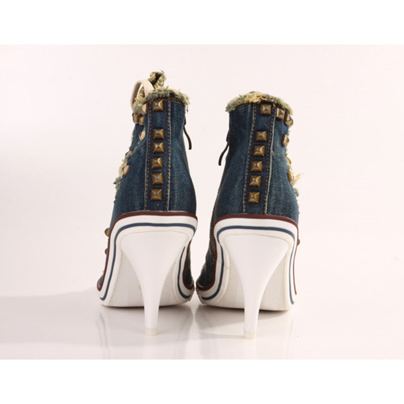 Vintage Frayed Denim Lace Up Sneaker Pumps w/ Rivets Womens Shoes