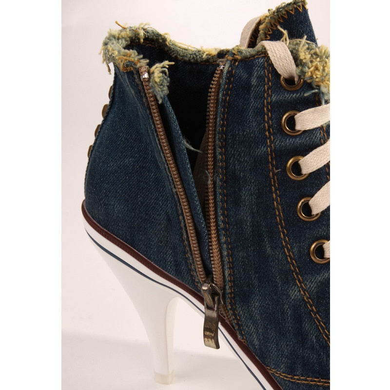 Vintage Frayed Denim Lace Up Sneaker Pumps w/ Rivets Womens Shoes