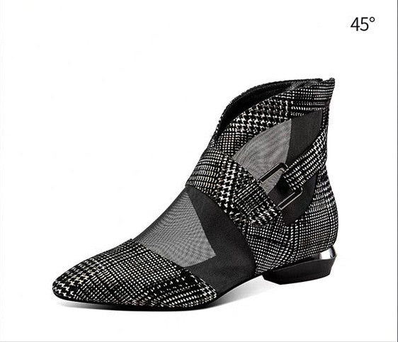 Patchwork Plaid Mesh Low Heel Ankle Shoes Womens Shoes