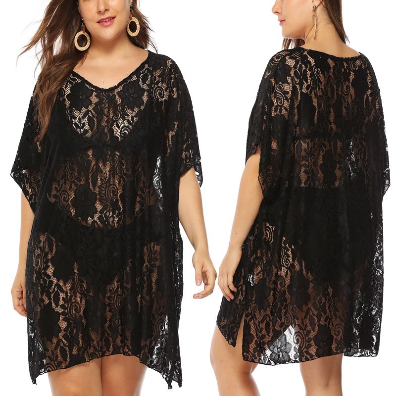9XL Black Floral Lace Cover-Up Beach Dress V Neck Short Sleeve  Plus Size Women