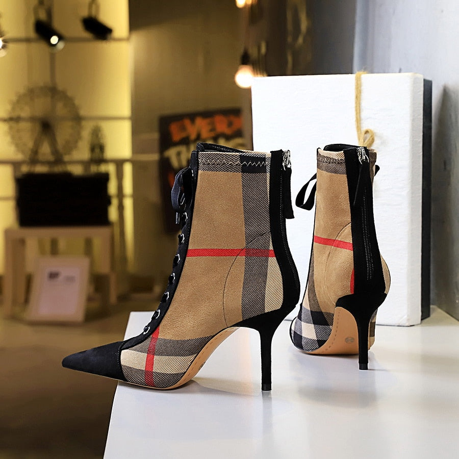 Khaki Plaid Burberry Print Thin Heel Lace Up Ankle Boots Women Shoes & Handbags
