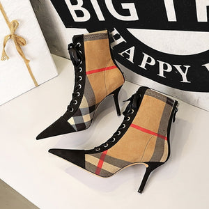Khaki Plaid Burberry Print Thin Heel Lace Up Ankle Boots Women Shoes & Handbags