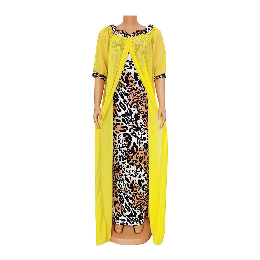 2XL Patchwork Leopard Print & Sheer Dress Off Shoulder 3/4 Batwing Sleeve Long Length Plus Size Women