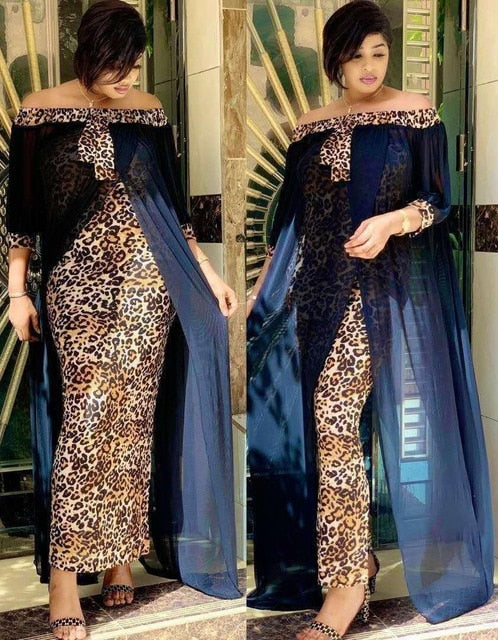 Womens Plus Patchwork Leopard Print & Sheer Dress Off Shoulder 3/4 Batwing Sleeve Long Length Blackk Blue Champagne Yellow or Green
