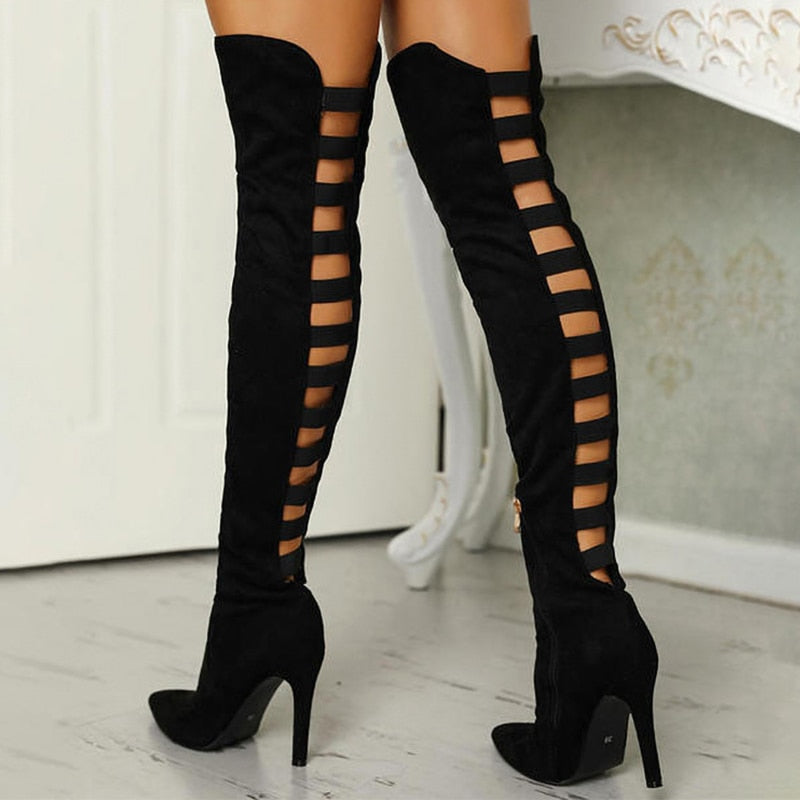 Womens Shoes Black Hollow Out Thin Heel Knee High Boots