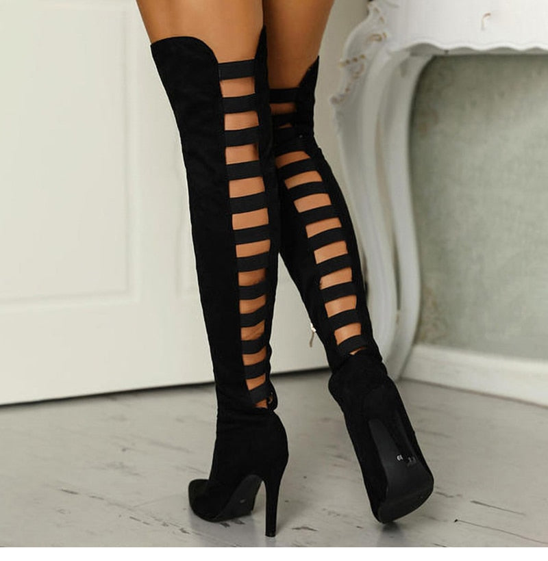 Black Hollow Out Thin Heel Knee High Boots Womens Shoes