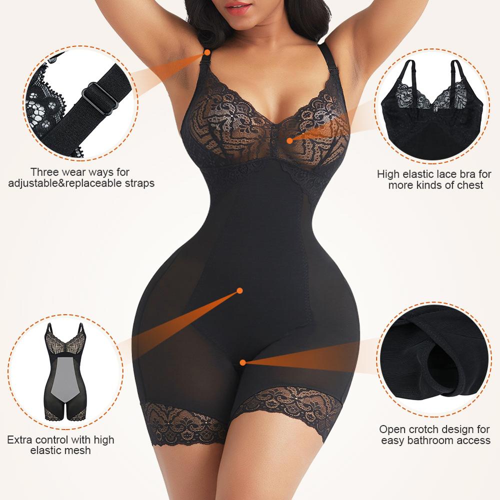 3XL Seamless Embroidered Lace Slimming Bodysuit  V Neck Spaghetti Strap Mid Thigh Plus Size Women