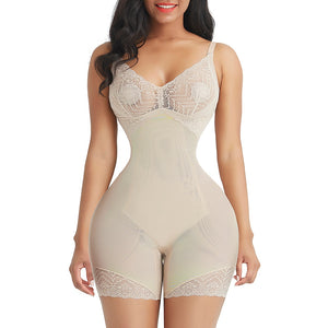3XL Seamless Embroidered Lace Slimming Bodysuit  V Neck Spaghetti Strap Mid Thigh Plus Size Women