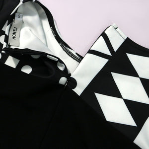 2XL Black White Geometric Print Retro Dress O Neck Long Sleeve Long Length Plus Size Women