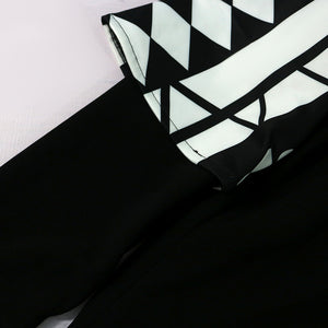 2XL Black White Geometric Print Retro Dress O Neck Long Sleeve Long Length Plus Size Women