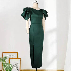 2XL Green Rufle Sleeve Evening Dress O Neck Short Sleeve Long Length Plus Size Women