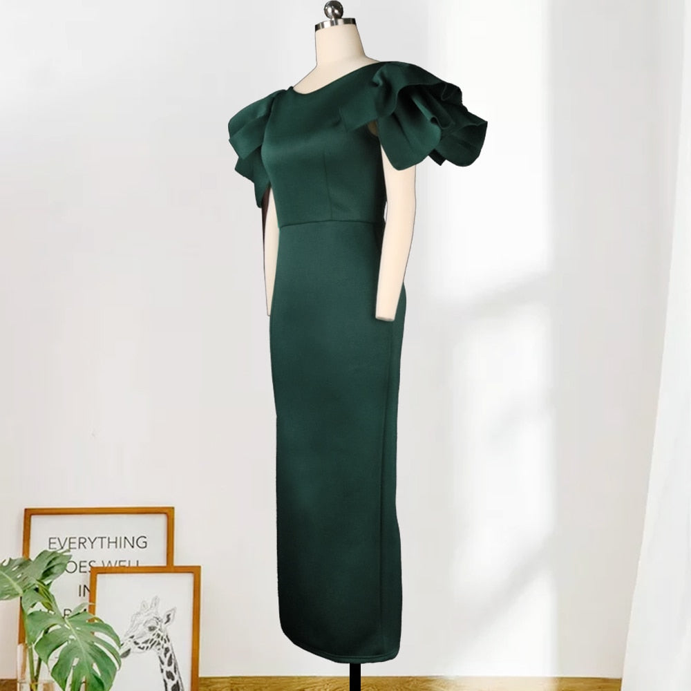 2XL Green Rufle Sleeve Evening Dress O Neck Short Sleeve Long Length Plus Size Women