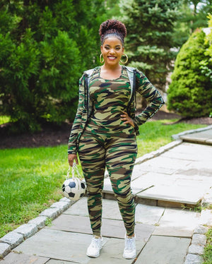 Plus Size Women 3 Piece Green Camouflage Print Workout Gym Wear  Jacket Tank Top w/ Pants 