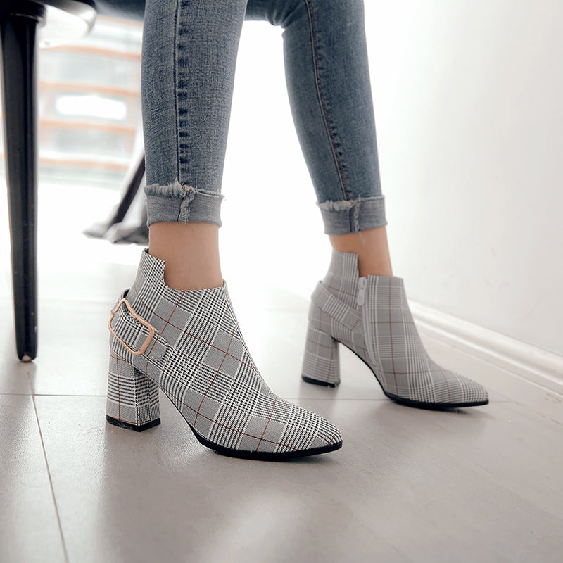 Gray Plaid Asymmetric Ankle Boots Womens Shoes