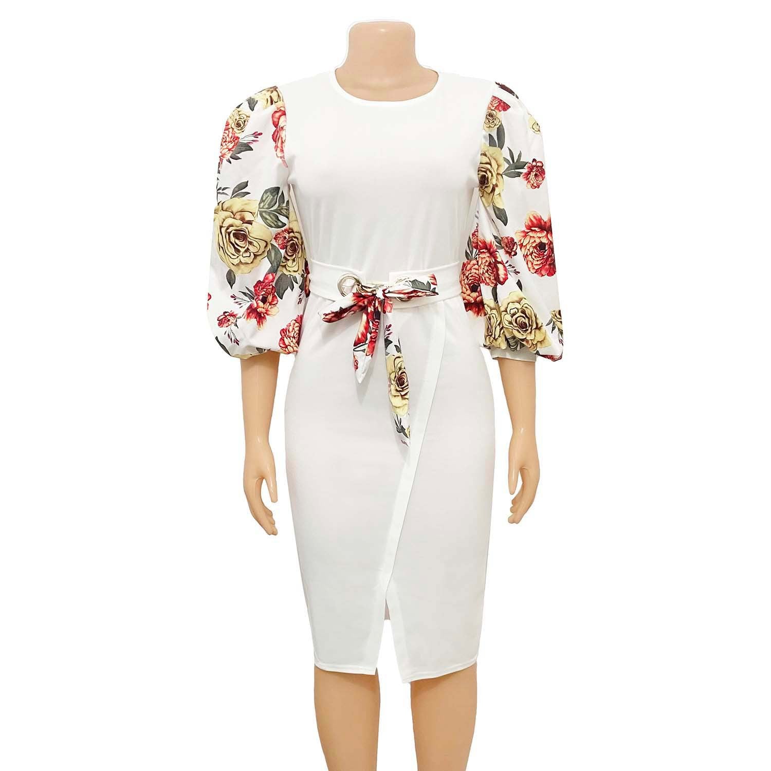 3XL Floral Print Puff Sleeve Evening Dress  Round Neck 3/4 Sleeve Knee Length Plus Size Women