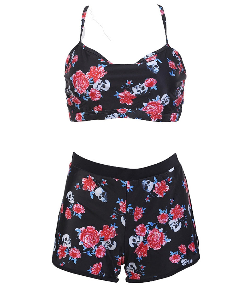 5XL 2 Piece Black & Red Floral Print Swimsuit Crop Tank Top w/ Shorts Plus Size Women
