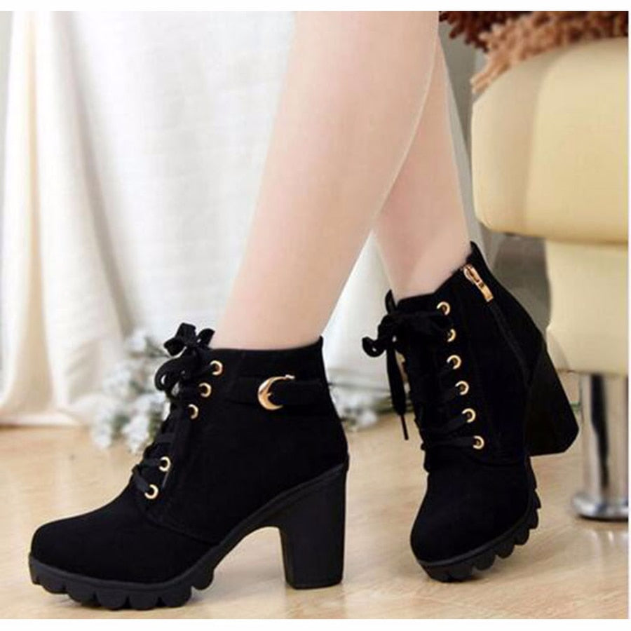 Plus Size Women Lace-Up Square Heel Winter Ankle Boots Yellow Burgandy Green or Black