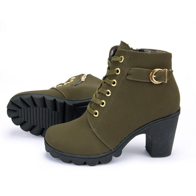 Lace-Up Square Heel Winter Ankle Boots