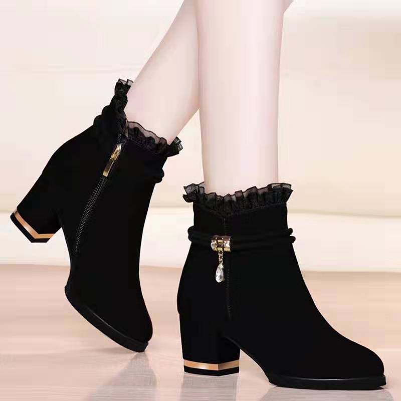 Womens Shoes Black Lace Trim Waterproof Ankle Boots 