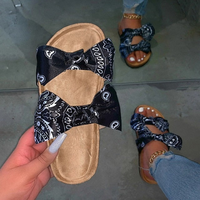 Handkerchief Bandana Print Double Strap or Bow Tie Slip-On Sadals Womens Shoes