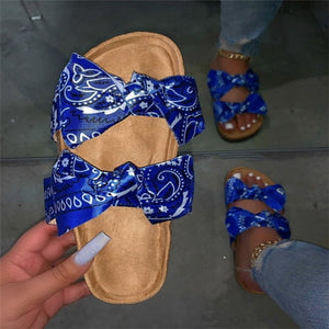 Handkerchief Bandana Print Double Strap or Bow Tie Slip-On Sadals Womens Shoes