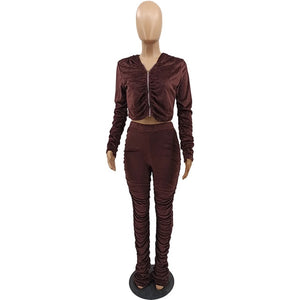 3XL Solid Color Pleated Velvet Tracksuit Long Sleeve Hoodie w/ Pants Plus Size Women