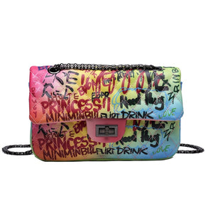 Grafitti Print Shoulder Bag w/ Chain Strap