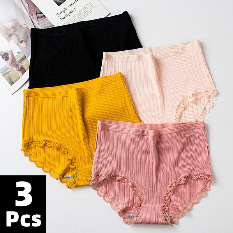 Plus Size Women 3 Pack Cotton Textured Strip Underwear Black White Yellow  or Pink