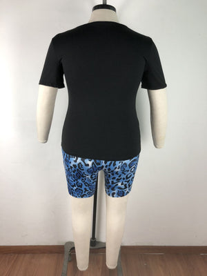 5XL 2 Piece Leopard Print Lips O Neck Short Sleeve Top/ Shorts plus Size Women