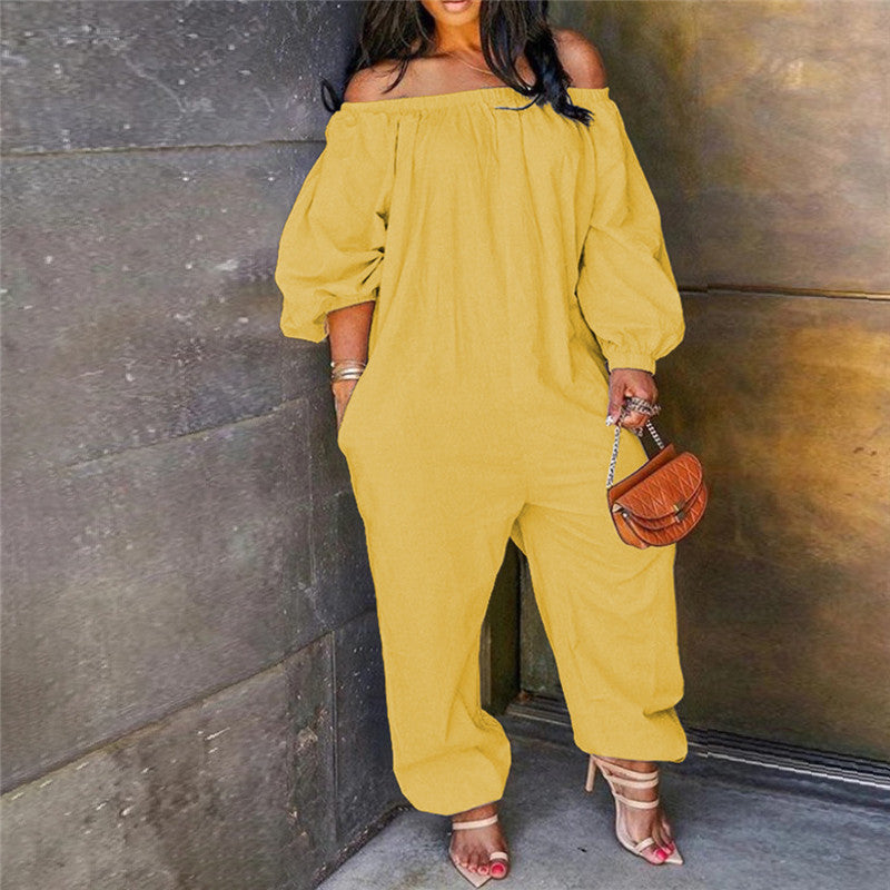 Plus Size Women Assorted Solid Color Puff Romper Off Shoulder Long Sleeve Full Length Blue Red Green Orange Pink or Yellow