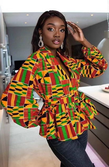 2XL African Print Blouse V  Neck Down Collar Long Sleeve Plus Size Women