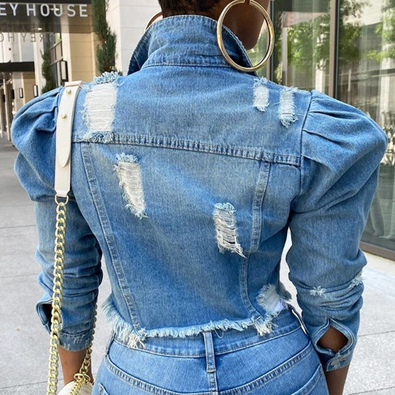 5XL Frayed Vintage Blue Crop Jacket Turn Down Collar Long Sleeve Plus Size Women